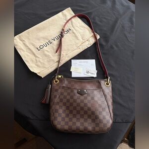 Louis Vuitton Checkered Brown Shoulder Bag with Red Strap